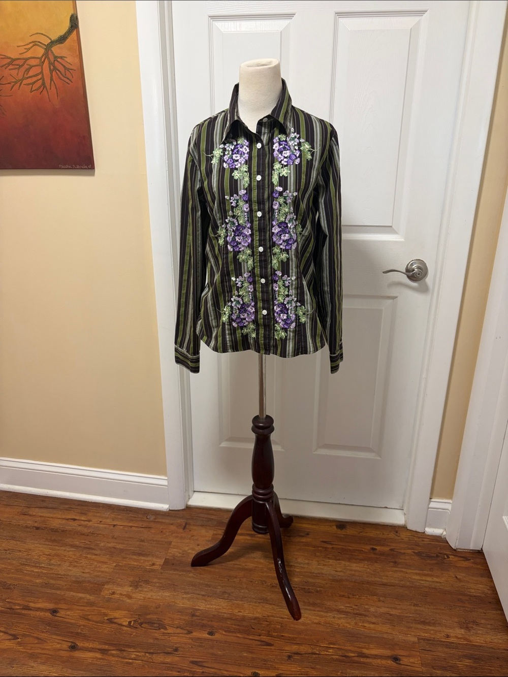 Cake Couture Embroidered Stripe Button-Front Blouse- Green with Purple Floral